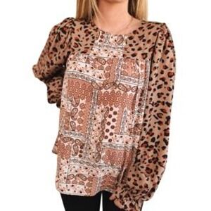 ANDREE BY UNIT Womens Mixed Print Leopard Paisley Boho Long Sleeve Top Blouse 1X